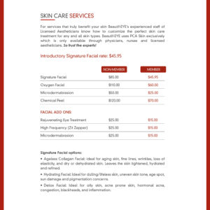 Beautif-EYE Skin Care Services Menu Page